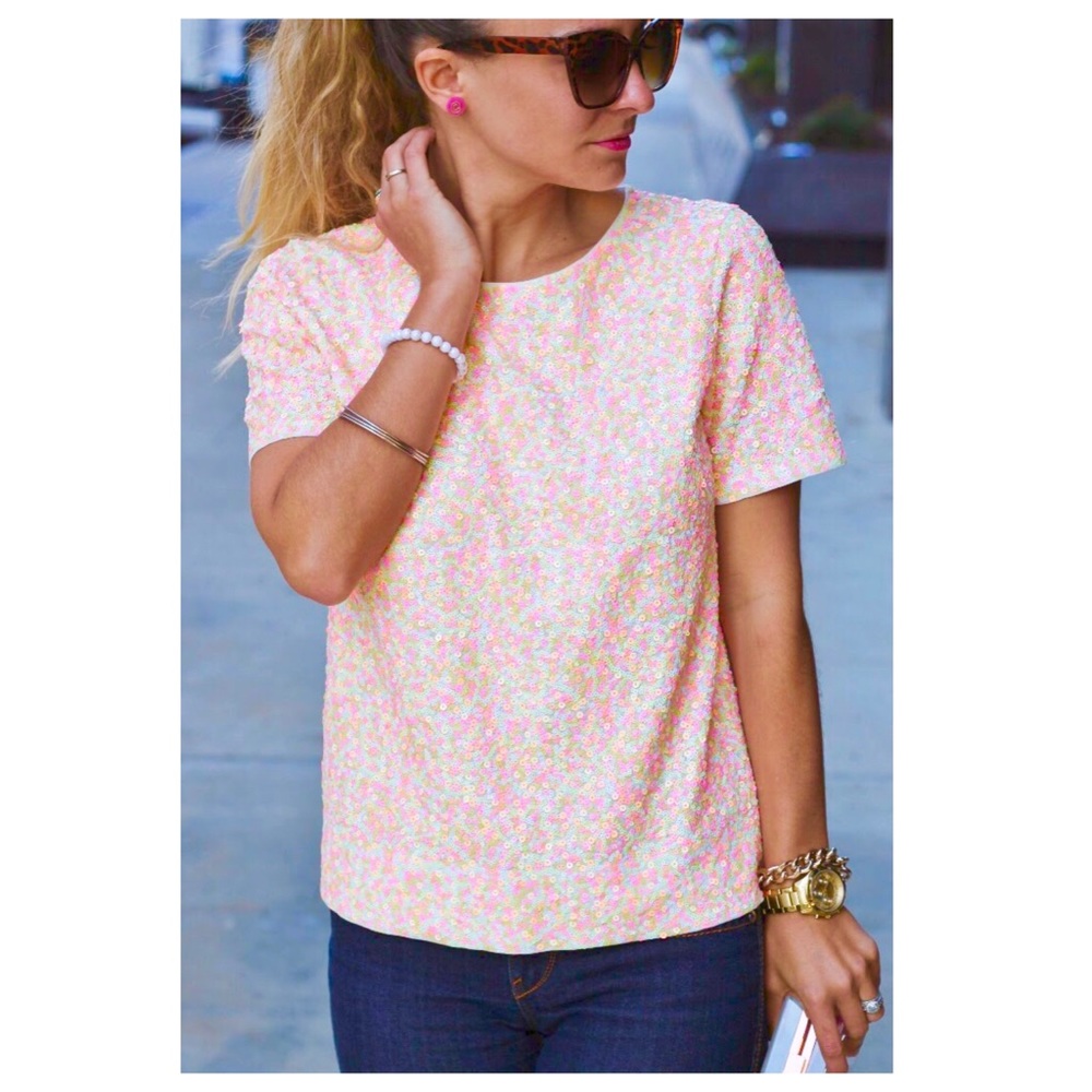 J. Crew Neon Embellished Short Sleeve Top